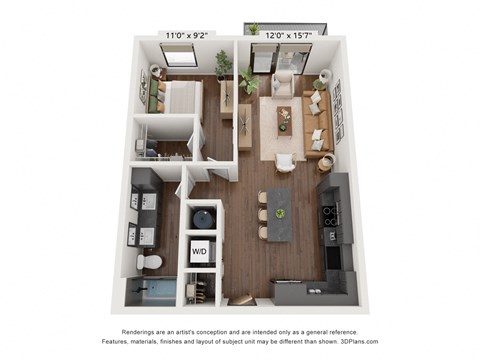 Floor plan for 1 bed, 1 bath, 740 sqft